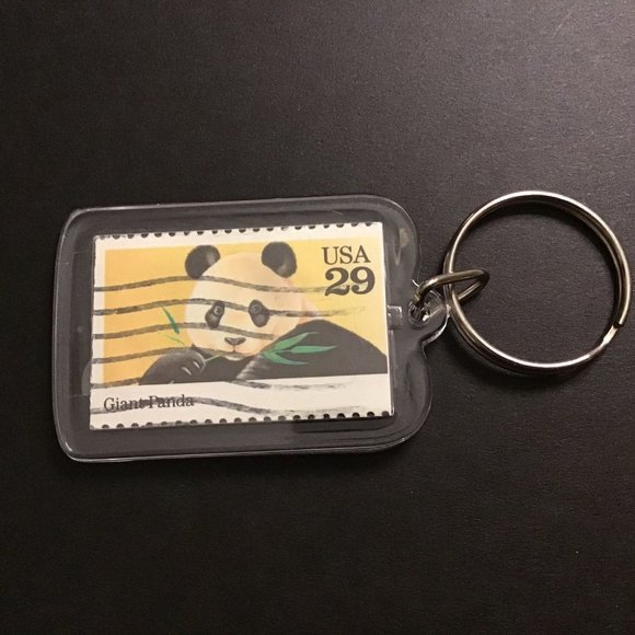 Panda Keychain - Upcycled Recycled Postage Stamp Key Chain - Picture 1 of 9